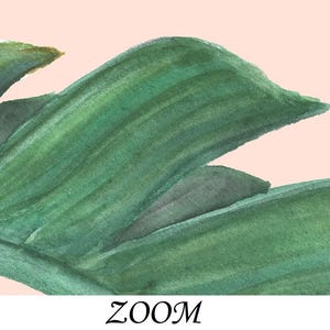 Peut inclure: Peinture &agrave; l'aquarelle d'une feuille verte avec des coups de pinceau visibles sur un fond rose clair. Le mot "ZOOM" est &eacute;crit en cursive en bas de l'image. L'&oelig;uvre a un th&egrave;me botanique.