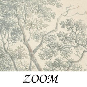 May include: A watercolour painting depicting a woodland scene with a light background and green trees. The trees are rendered with fine lines and washes of colour, giving a sense of depth and texture.