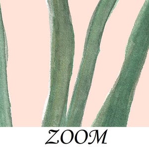 Peut inclure: Peinture &agrave; l'aquarelle avec des coups de pinceau verts verticaux sur un fond rose clair. Le mot "ZOOM" est &eacute;crit en script noir en bas. L'&oelig;uvre a une esth&eacute;tique minimaliste.
