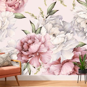 Dusty Pink White Grey Flower Peony Wallpaper Mural Light Pink Background Removable Peel and Stick on Etsy