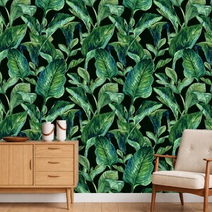 Emerald Green Banana Leaf Wall Mural Black Background Seamless Repeat Pattern Removable Peel and Stick Wallpaper on Etsy