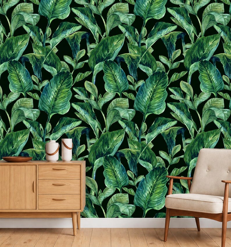 Emerald Green Banana Leaf Wall Mural Black Background Seamless Repeat Pattern Removable Peel and Stick Wallpaper on Etsy