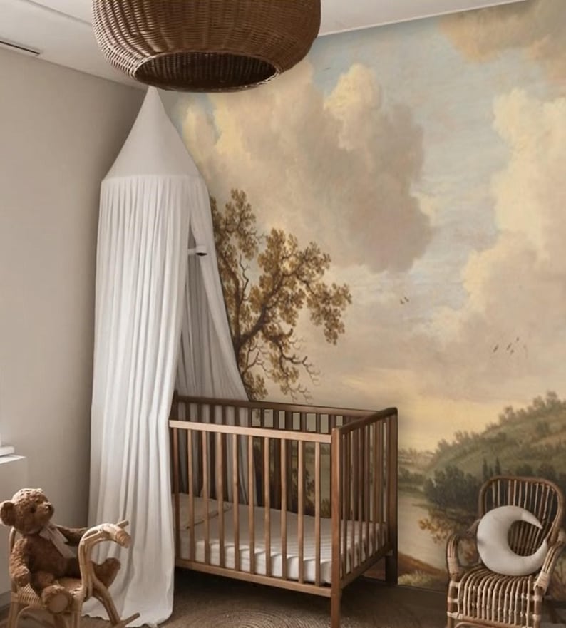 Earth Tone Vintage River Landscape Oil Painting Wallpaper Mural Removable Peel and Stick on Etsy