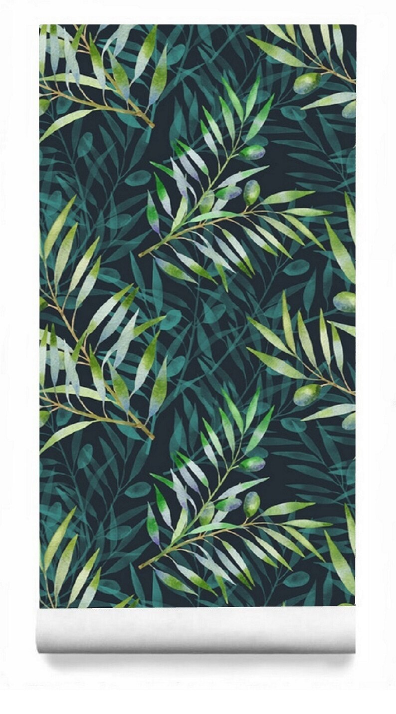 Dark Blue Navy Green Olive Branch Watercolor Wallpaper Nature Inspired Removable Peel and Stick Wallpaper on Etsy