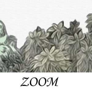 May include: Abstract painting with a textured, watercolor-like style. The painting features a variety of shades of gray and green, with a white background. The word "ZOOM" is written in black cursive at the bottom of the painting.