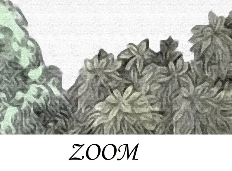 May include: Abstract painting with a textured, watercolor-like style. The painting features a variety of shades of gray and green, with a white background. The word "ZOOM" is written in black cursive at the bottom of the painting.