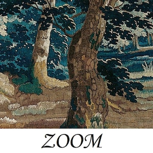 Close-up view of an embroidered Verdure garden tapestry showing the richly textured trunk of a mature woodland tree, layered greenery, earthy forest textures, and a tranquil pond beyond, revealing the tactile textile character and intricate craftsmanship of this timeless scenic design with a distinctly medieval atmosphere, for lovers of castle-inspired interiors, antique tapestries, and old-world woodland artistry.