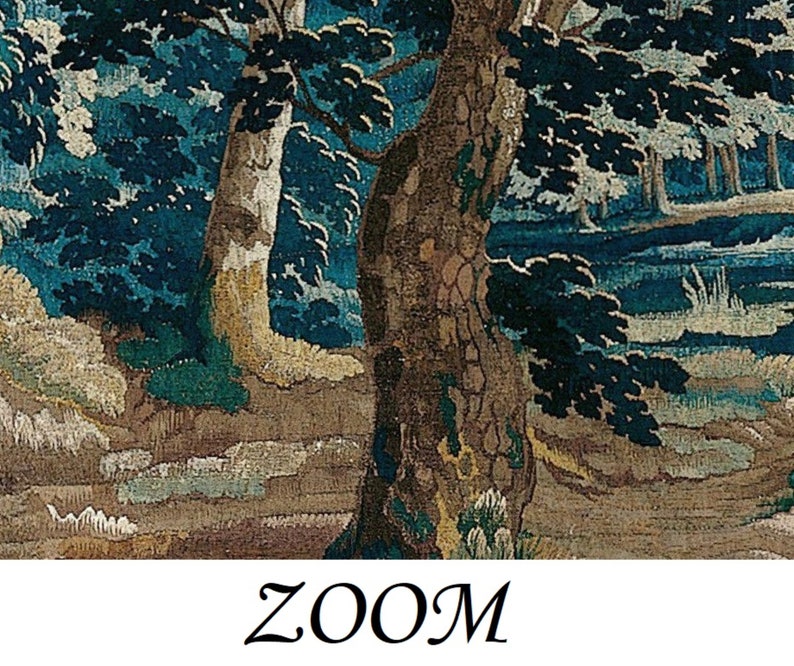 Close-up view of an embroidered Verdure garden tapestry showing the richly textured trunk of a mature woodland tree, layered greenery, earthy forest textures, and a tranquil pond beyond, revealing the tactile textile character and intricate craftsmanship of this timeless scenic design with a distinctly medieval atmosphere, for lovers of castle-inspired interiors, antique tapestries, and old-world woodland artistry.