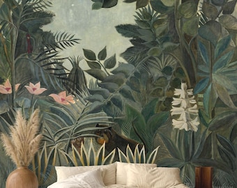 The Equatorial Jungle Wallpaper Green, Removable Peel and Stick Prepasted, Vintage Tropical Decor, Rousseau Painting Wallpaper Modern Home