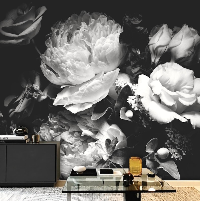 Black and White Dark Floral Wallpaper Peony Wall Mural Removable Peel and Stick on Etsy