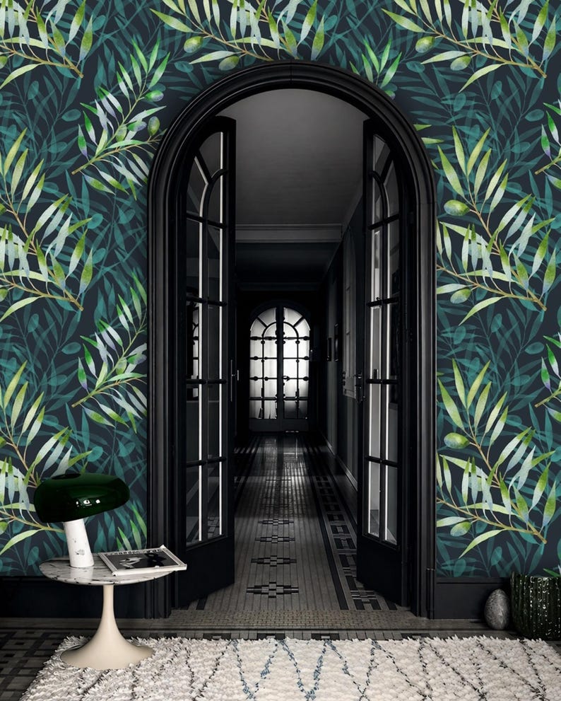 Dark Blue Navy Green Olive Branch Watercolor Wallpaper Nature Inspired Removable Peel and Stick Wallpaper on Etsy