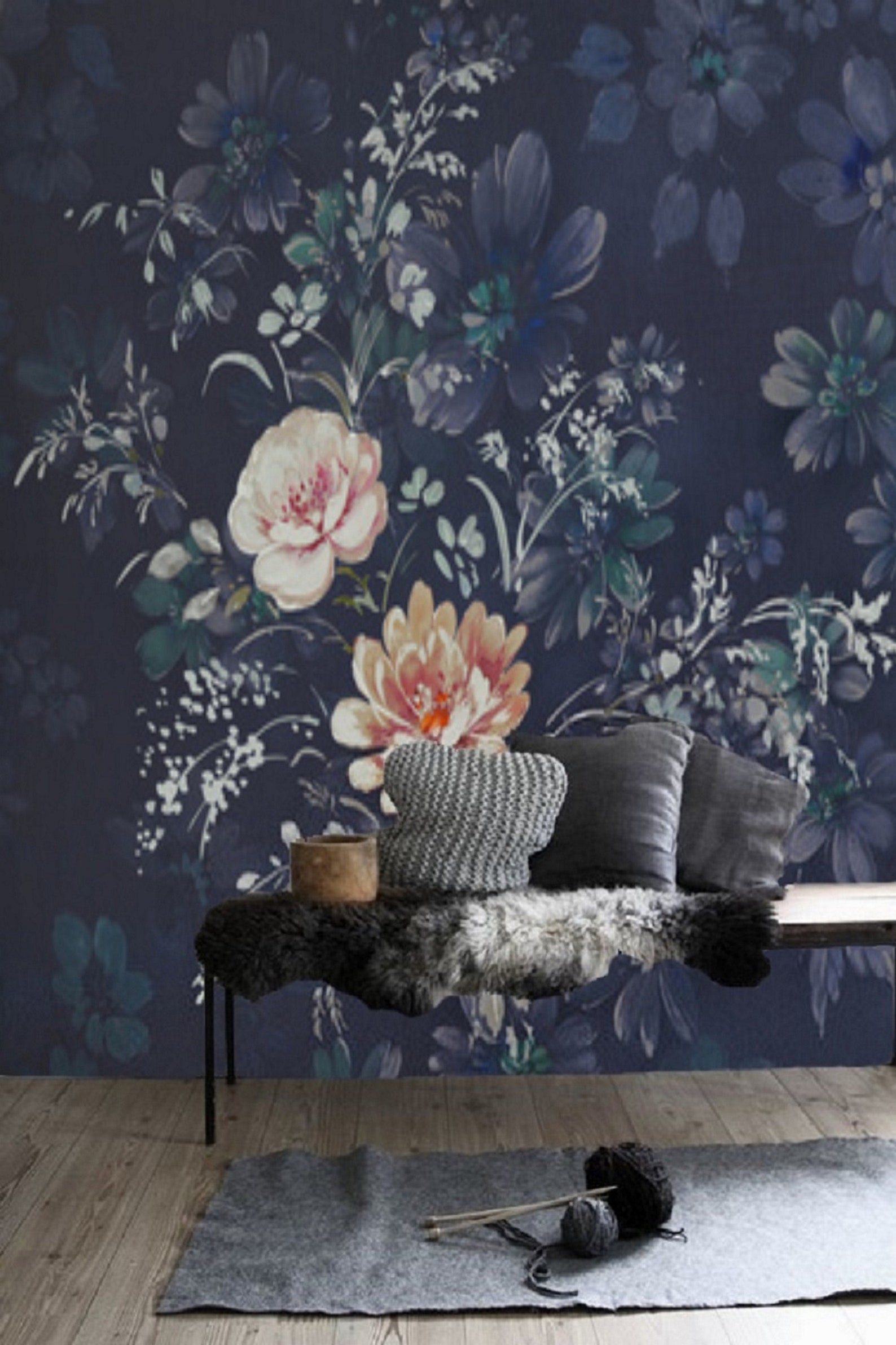 Peony Peel and Stick Wallpaper Floral Pink and Blue Retro Etsy