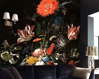 Mural floral oscuro, papel pintado vintage holandés con flores, despegable y pegable o tradicional, decoración de pared maximalista y melancólica, liquidación.