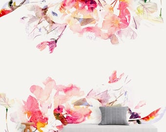 Rosa Aquarell Blumenwandbild, Ablösbare Tapete, Abnehmbare Tapete für Kinderzimmer, Weiche Blumenwanddekoration, Über Krippe
