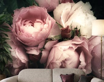Blush Pink Peony Wallpaper Peel and Stick, Vintage Floral Wall Mural, Large Flower Wallpaper, Dark Background, Romantic Bedroom Decor