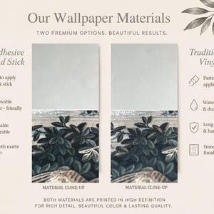 Wallpaper material comparison showing premium Self-Adhesive Peel and Stick and Traditional Vinyl options, with close-up texture details and feature highlights including easy application, removability, wipeable durability, water resistance, long-lasting performance, and matte finishes. Both materials are printed in high definition for rich detail, beautiful color, and lasting quality.