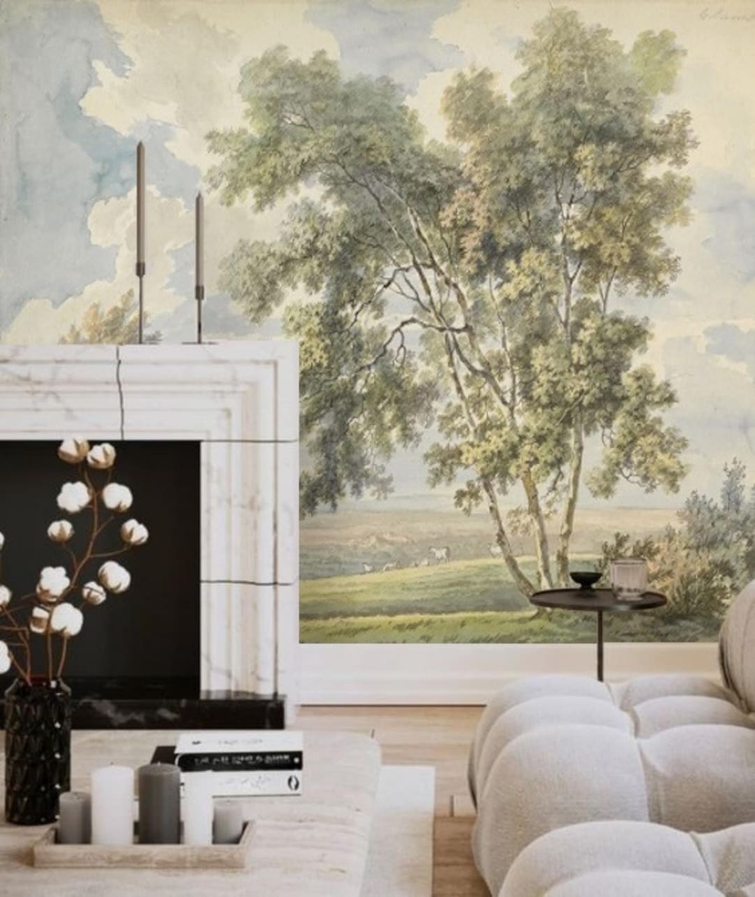 Large Watercolor Landscape Painting Wallpaper, Vintage Pastoral Mural ...