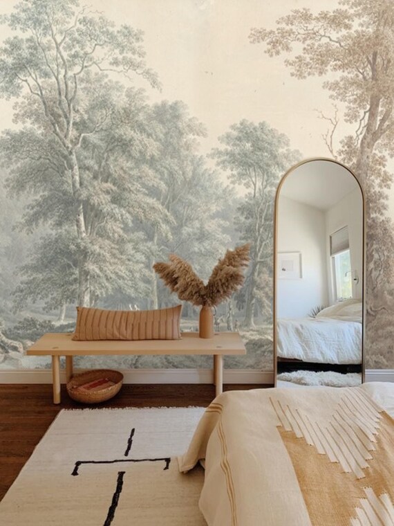 Vintage Forest Wall Mural Muted, Removable Peel and Stick Prepasted Wallpaper, Soft Woodsy Décor, Dreamy Landscape Cream Mural for Library