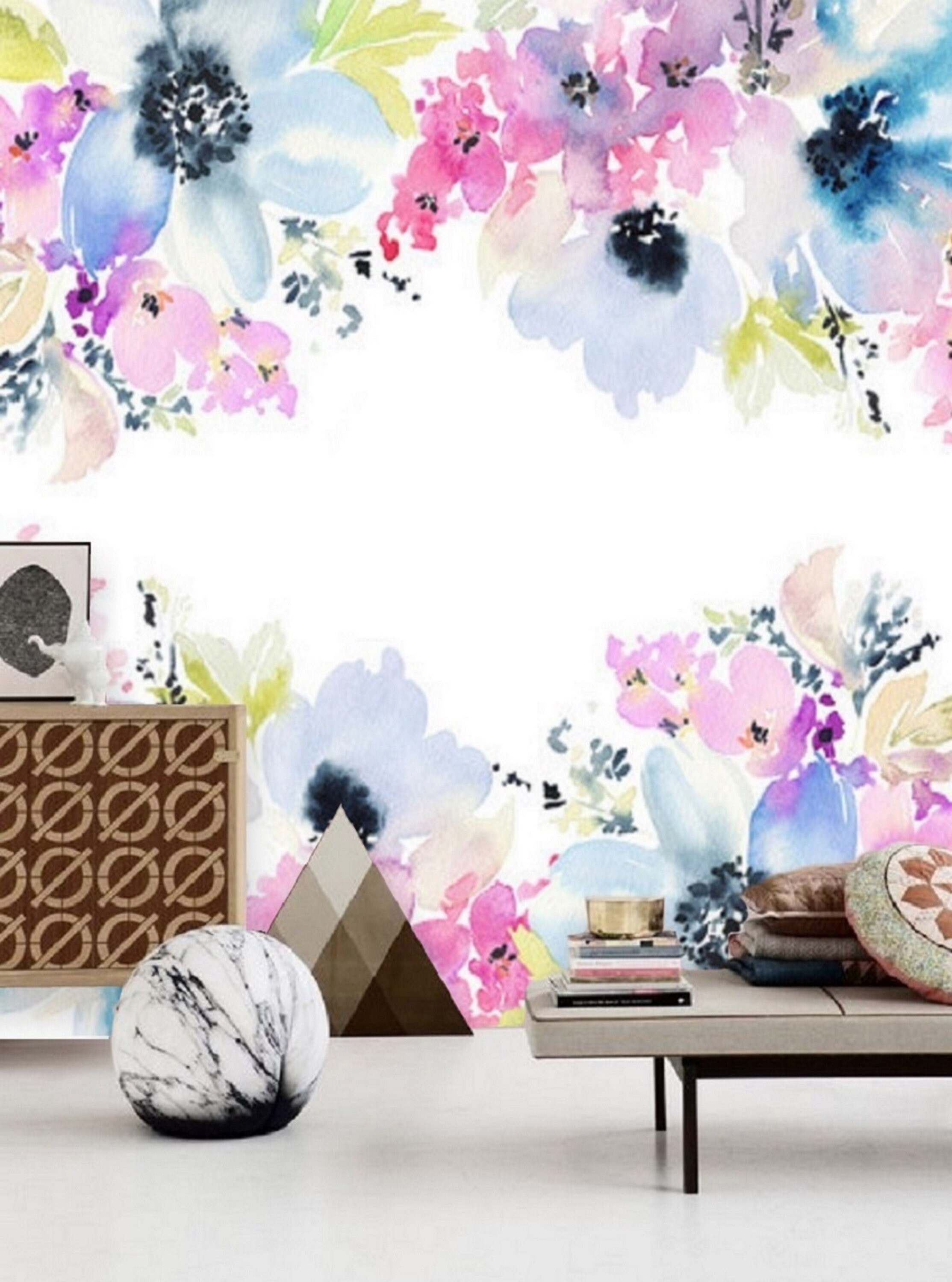 Blue Floral Wallpaper Mural Floral Wall Decal Nursery Etsy