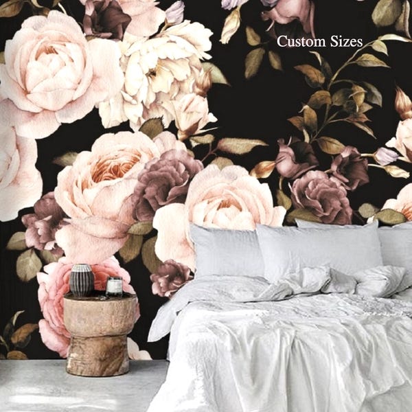 Dark Floral Wallpaper Black Background, Removable Peel and Stick Prepasted, Vintage Rose Wall Mural, Large Bedroom Feature Wall Decor