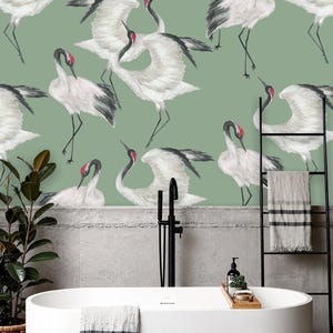 Sage Green Japanese Crane Wallpaper Mural Peel and Stick on Etsy
