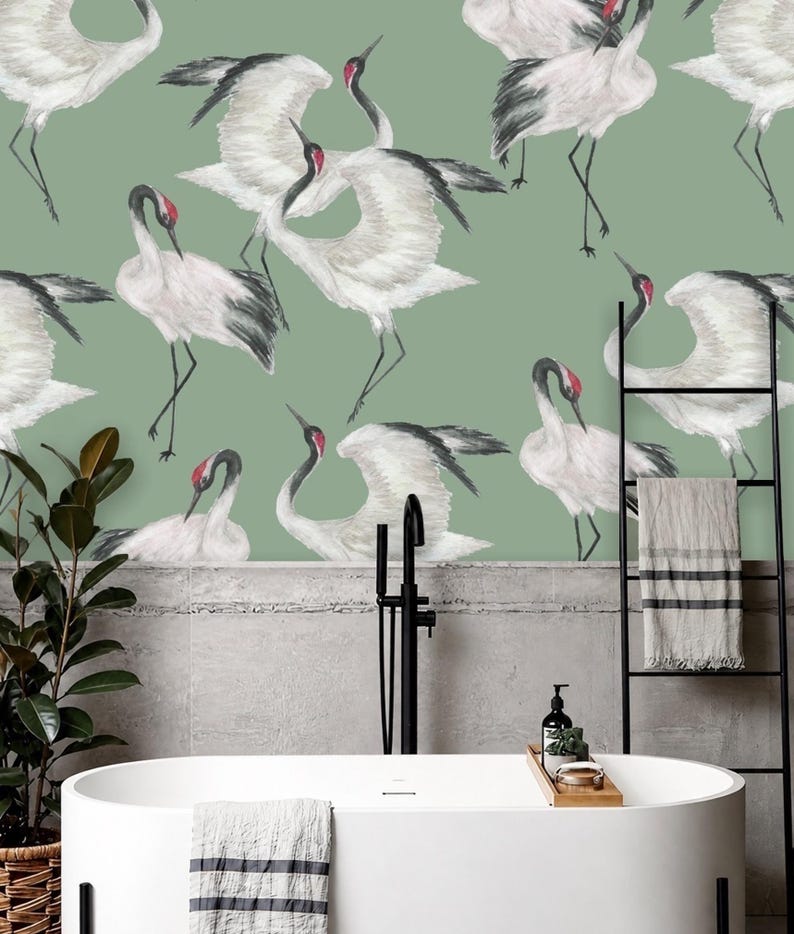 Sage Green Japanese Crane Wallpaper Mural Peel and Stick on Etsy