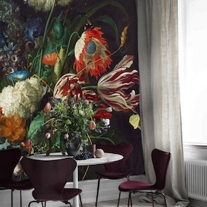 Vintage Floral Wallpaper Peel and Stick Black, Large Scale Floral Wallpaper Living Room, Self Adhesive Wall Mural, Big Flower Wallpaper #142