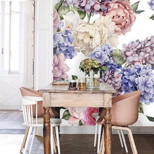 Carta da parati con fiori di ortensia prugna, carta da parati con rose rosa, carta da parati con peonie viola, carta da parati floreale staccabile e attaccabile, carta da parati con fiori lunatici #86