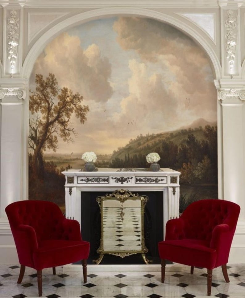 Earth Tone Vintage River Landscape Oil Painting Wallpaper Mural Removable Peel and Stick on Etsy