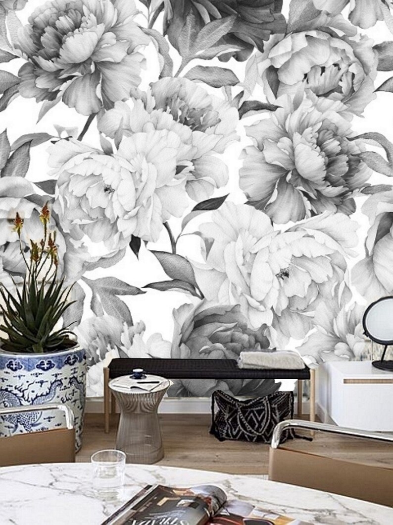 Black and White Floral Wallpaper Mural Peel and Stick Remove Etsy
