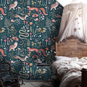 Green Red Dark Whimsical Cottagecore Nursery Wallpaper Midnight Blue Teal Background Removable Peel and Stick Wallpaper on Etsy