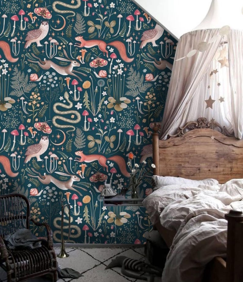 Green Red Dark Whimsical Cottagecore Nursery Wallpaper Midnight Blue Teal Background Removable Peel and Stick Wallpaper on Etsy