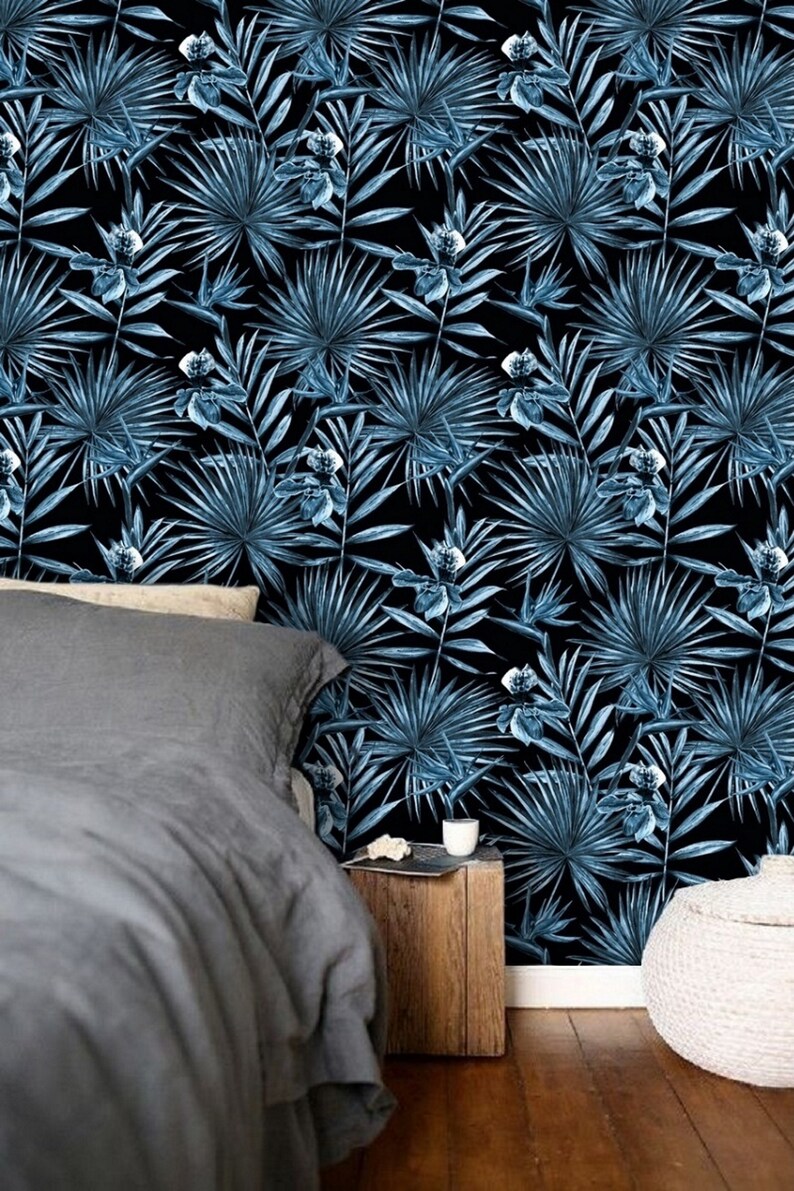 Blauw Palmblad behang, Peel en Stick Wallpaper Blauw, Palm Wallpaper Zwart, Tropisch Behang Zwart, Botanisch Behang Donkerblauw 102 afbeelding 9