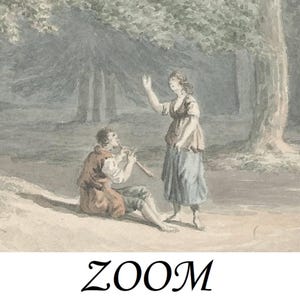May include: A watercolour painting depicting a man playing a flute while a woman stands nearby in a woodland setting. The man is wearing a brown shirt and trousers, while the woman is wearing a blue dress. The painting is done in a soft, muted palette.