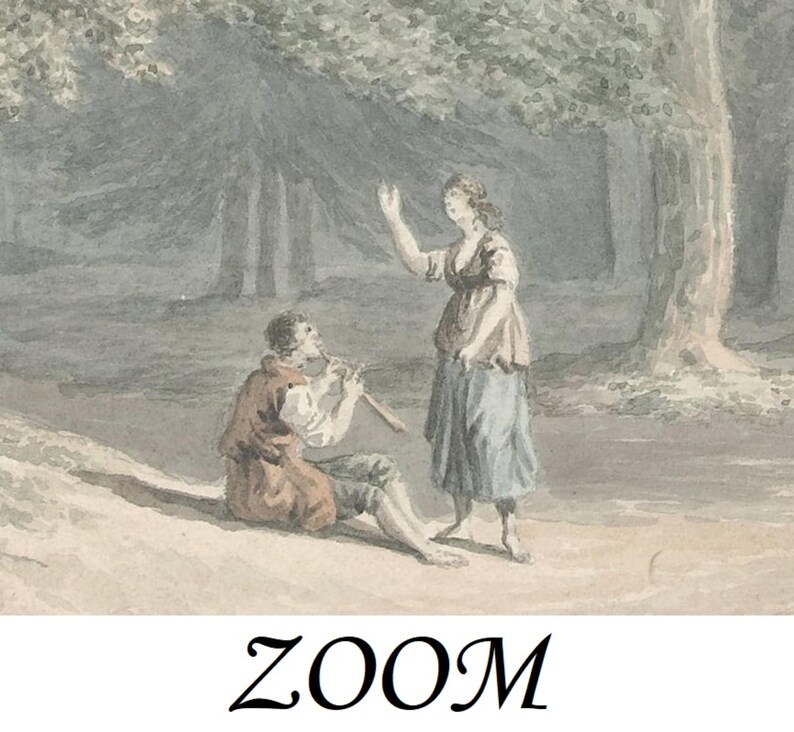 May include: A watercolour painting depicting a man playing a flute while a woman stands nearby in a woodland setting. The man is wearing a brown shirt and trousers, while the woman is wearing a blue dress. The painting is done in a soft, muted palette.