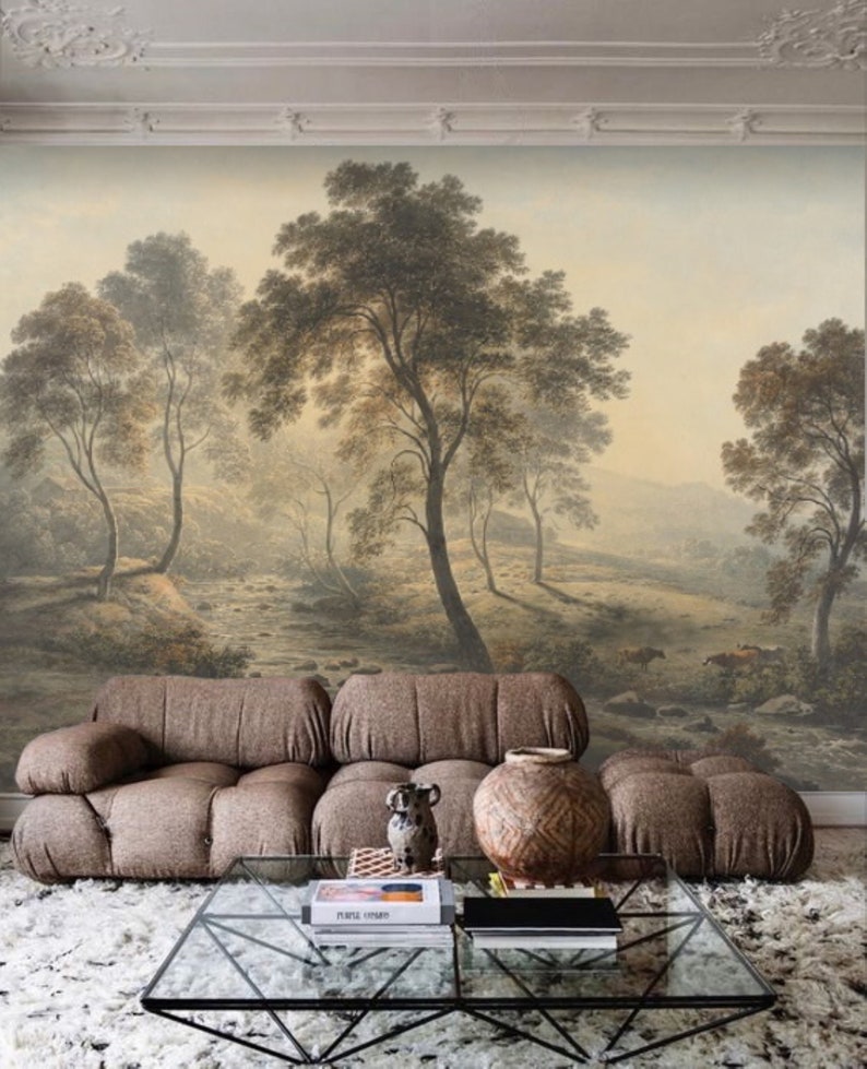 retro antique river and rural sunrise landscape mural wallpaper peel and stick modern living room decor gift for new home