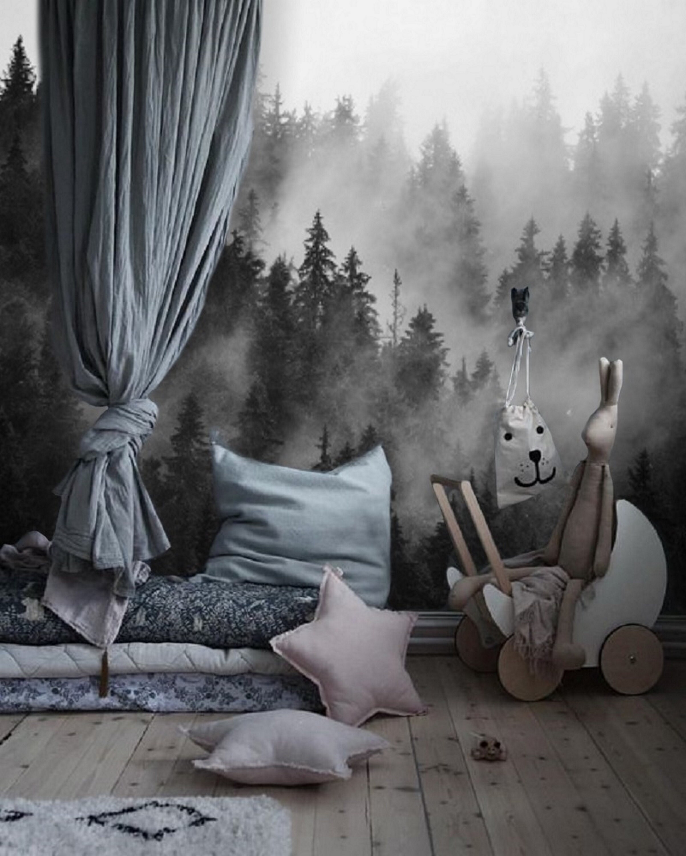 Mistig bosbehang zwart-wit muurschildering, Peel and Stick of traditioneel,  gezellig slaapkamerdecor - Etsy België, image size:2405x3000