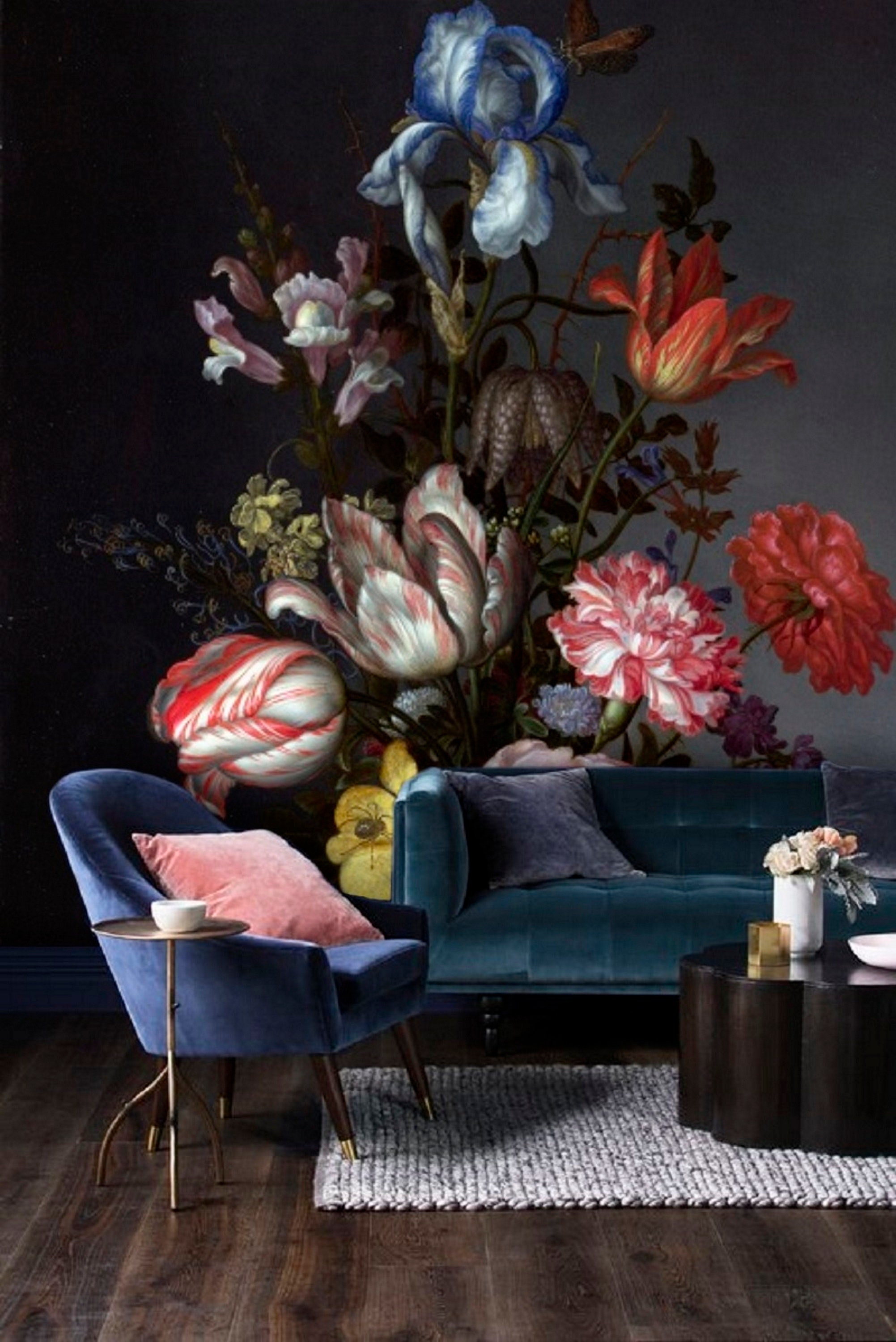 Whimsical Powder Room Design Dark Floral Wallpaper Design Ideas