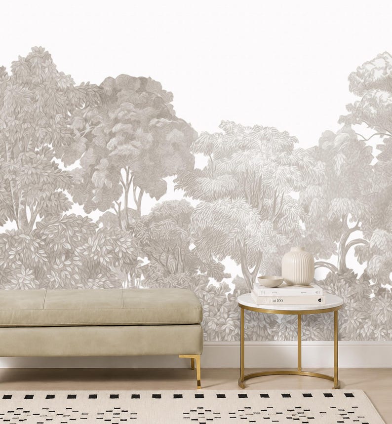 Grey Beige Neutral Tree Rain Forest Wallpaper Mural Peel and Stick on Etsy