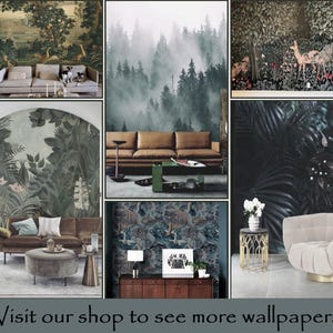 Collage showcasing a curated collection of botanical, woodland, forest, and tapestry wall murals styled across a variety of sophisticated interiors, including living rooms and lounge spaces, with designs ranging from misty forests and lush foliage to vintage scenic landscapes and decorative botanical patterns, inspiring homeowners and interior designers to explore premium peel and stick and traditional vinyl wallpaper options.
