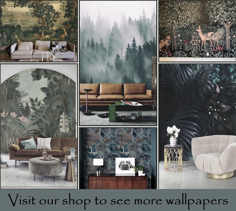 Collage showcasing a curated collection of botanical, woodland, forest, and tapestry wall murals styled across a variety of sophisticated interiors, including living rooms and lounge spaces, with designs ranging from misty forests and lush foliage to vintage scenic landscapes and decorative botanical patterns, inspiring homeowners and interior designers to explore premium peel and stick and traditional vinyl wallpaper options.