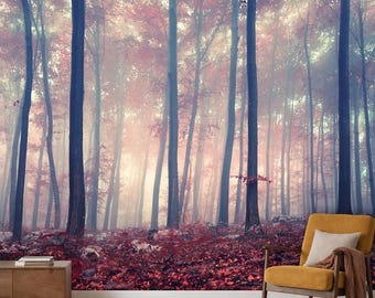 Enchanted Forest Wall Mural Red Landscape, Removable Peel and Stick Prepasted, Moody Fall Decor, Misty Autumn Trees Photo Mural for Bedroom