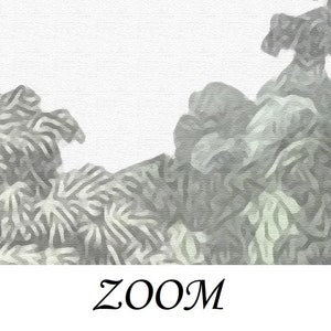 May include: Abstract art print with a gray and white color scheme. The print features a swirling, organic pattern that resembles clouds or smoke. The word "ZOOM" is printed in black at the bottom of the print.