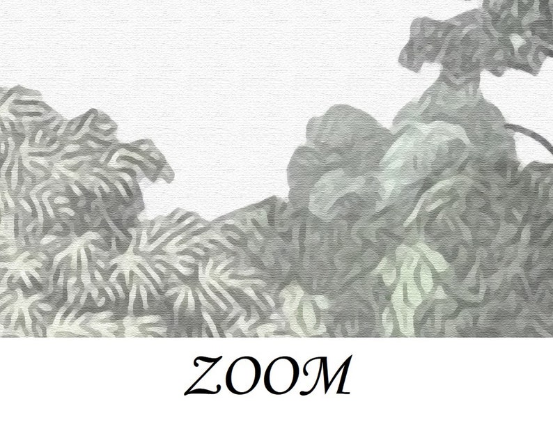 May include: Abstract art print with a gray and white color scheme. The print features a swirling, organic pattern that resembles clouds or smoke. The word "ZOOM" is printed in black at the bottom of the print.