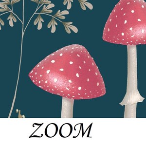 Op de afbeelding: Een teal achtergrond met drie rode en witte paddenstoelen en &eacute;&eacute;n roze paddenstoel. De paddenstoelen hebben witte stippen en zijn getekend in een cartoon stijl. Het woord "ZOOM" staat in wit onderaan de afbeelding.