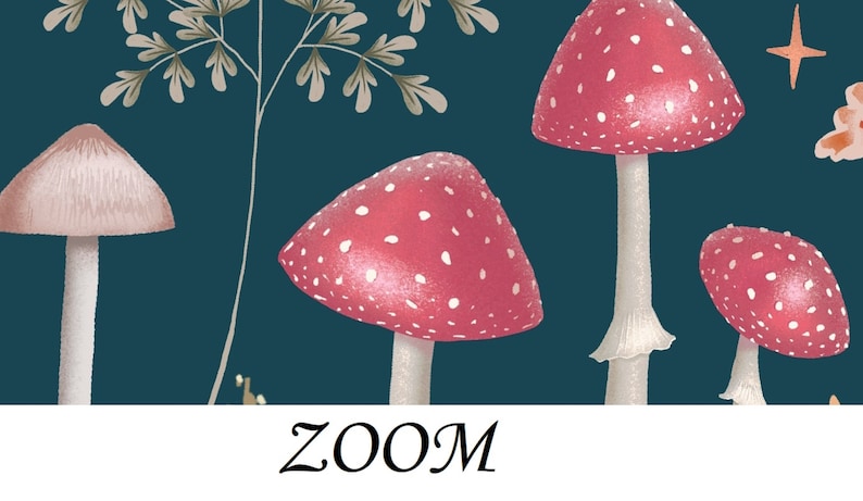 Op de afbeelding: Een teal achtergrond met drie rode en witte paddenstoelen en &eacute;&eacute;n roze paddenstoel. De paddenstoelen hebben witte stippen en zijn getekend in een cartoon stijl. Het woord "ZOOM" staat in wit onderaan de afbeelding.