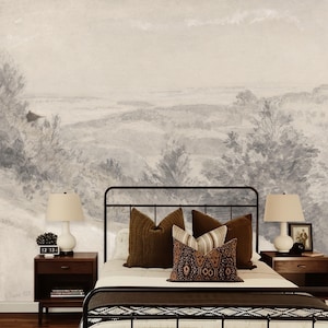 Subtle Grey Vintage Trees Pencil Drawing Sketch Landscape Wallpaper Mural Peel and Stick on Etsy