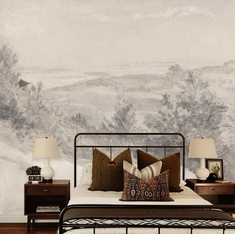 Subtle Grey Vintage Trees Pencil Drawing Sketch Landscape Wallpaper Mural Peel and Stick on Etsy
