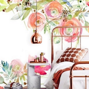 Papier peint à fleurs délicates, papier peint bohème pour chambre d'enfant, papier peint pour chambre de filles, aquarelle, papier peint à fleurs pastel, papier peint vert rose