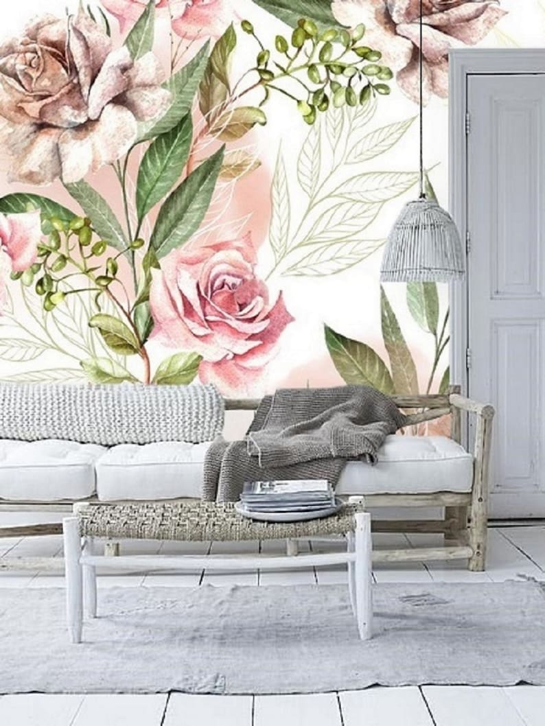 Rose Floral Removable Wallpaper Mural Floral Peel and Stick Etsy